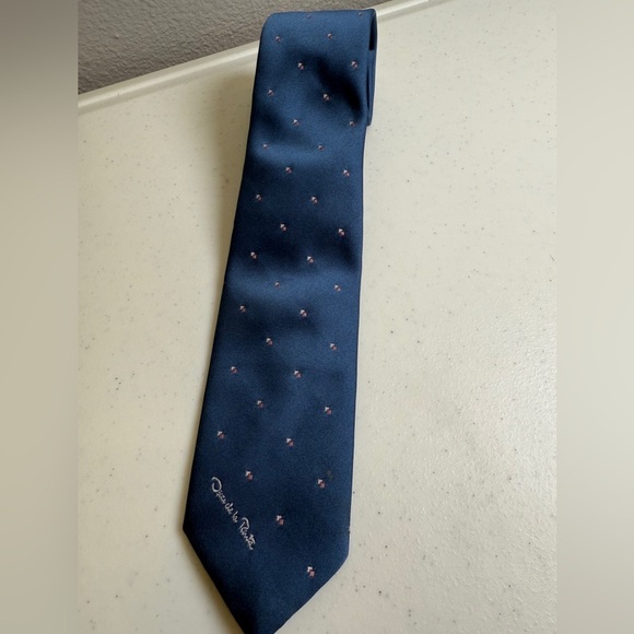 Oscar De La Renta Tie One Size Blue Neck Tie Vintage Pointed Embroidered - Picture 2 of 5